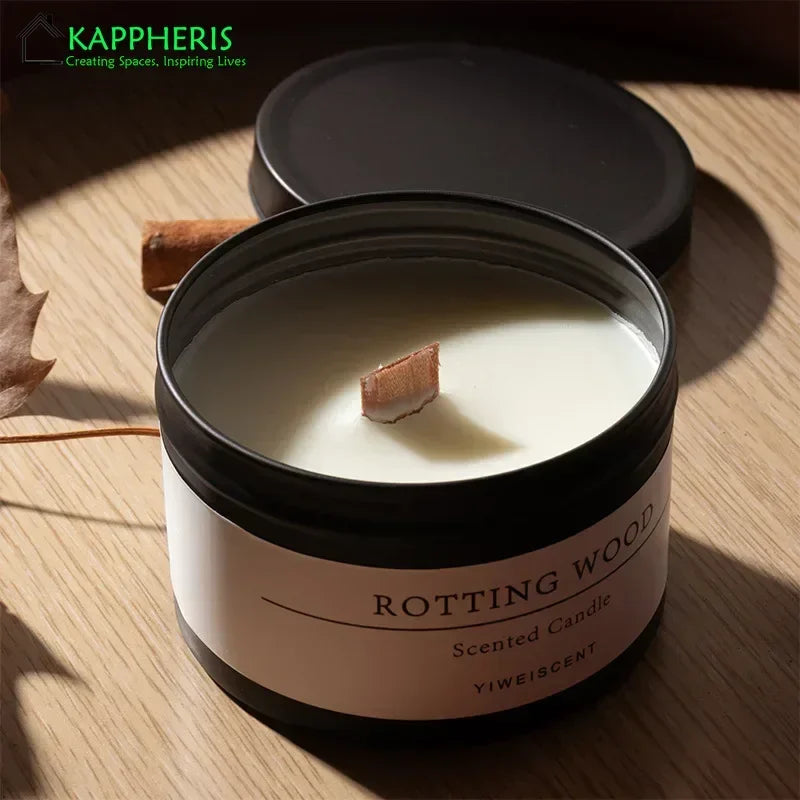 Bougie Parfumée Boîte Métal Noire Mèche Bois