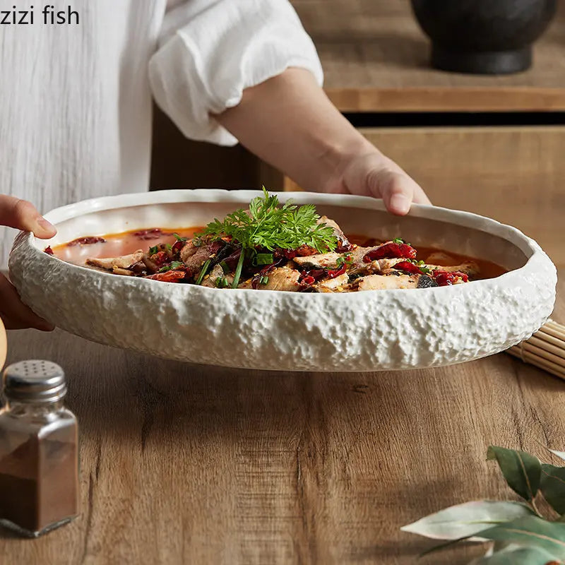 Assiette en Céramique Texture Rocheuse Blanc Pur