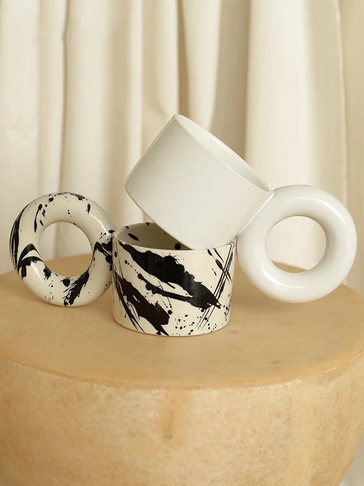 Tasse en Céramique Motif Encre Vintage Grande Anse Ronde