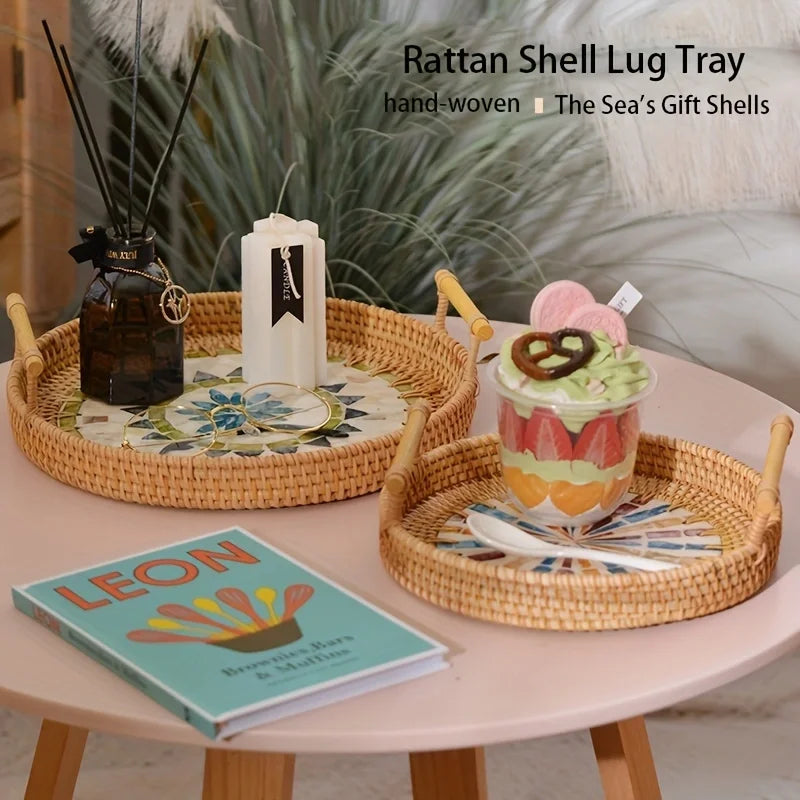 Plateau en Rotin Tressé Style Bohème Coquillages