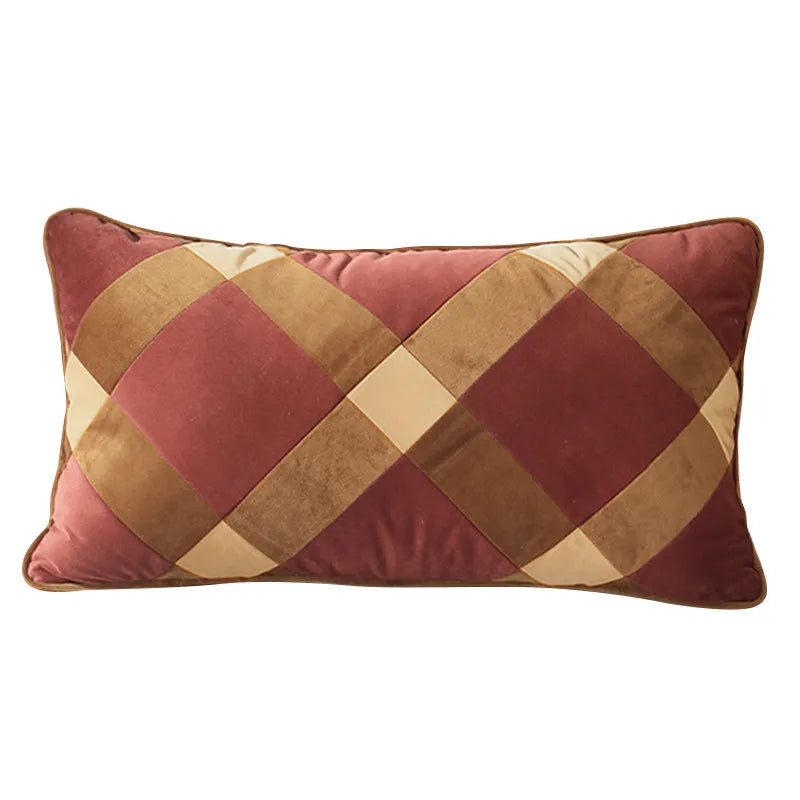 Beige & Gold Striped Lumbar Pillow Cover – Velvet Patchwork, 45x65cm