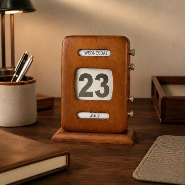 Calendrier Perpétuel Rétro Bois Réglable pour Bureau