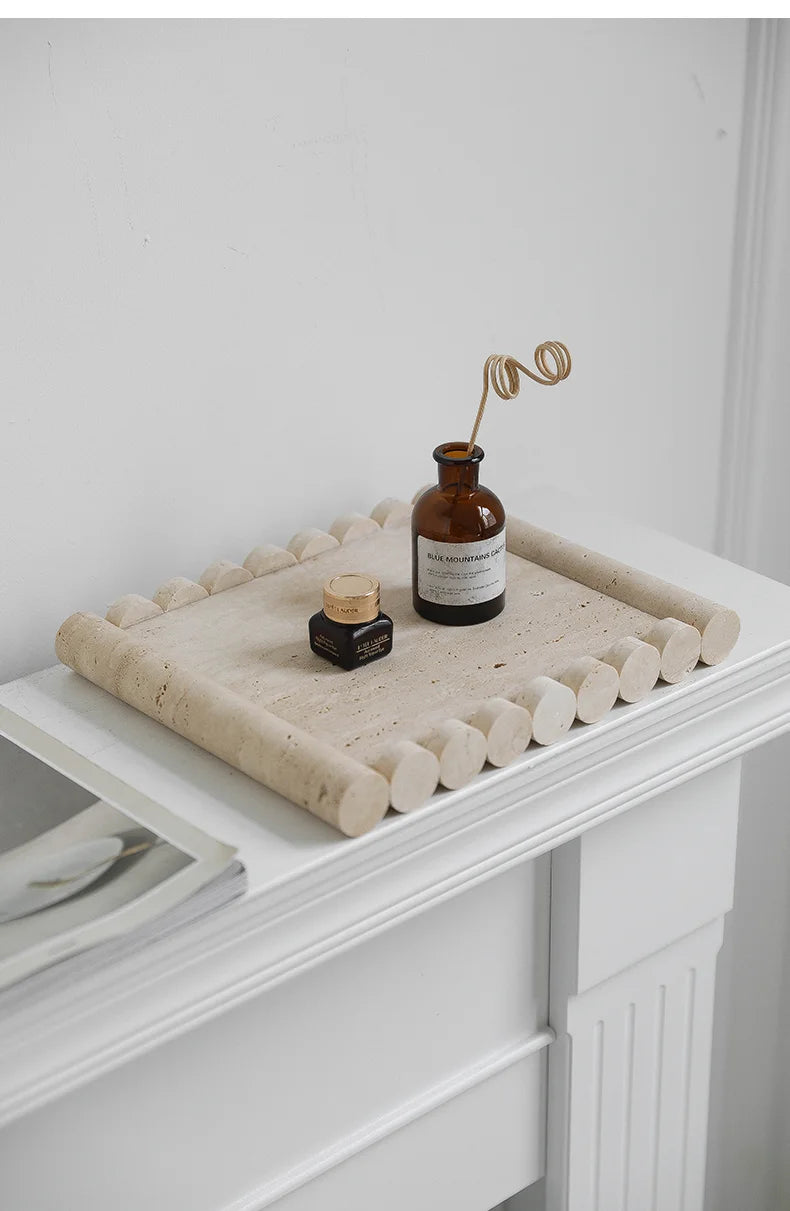 Plateau de Service Marbre Travertin Beige Vintage