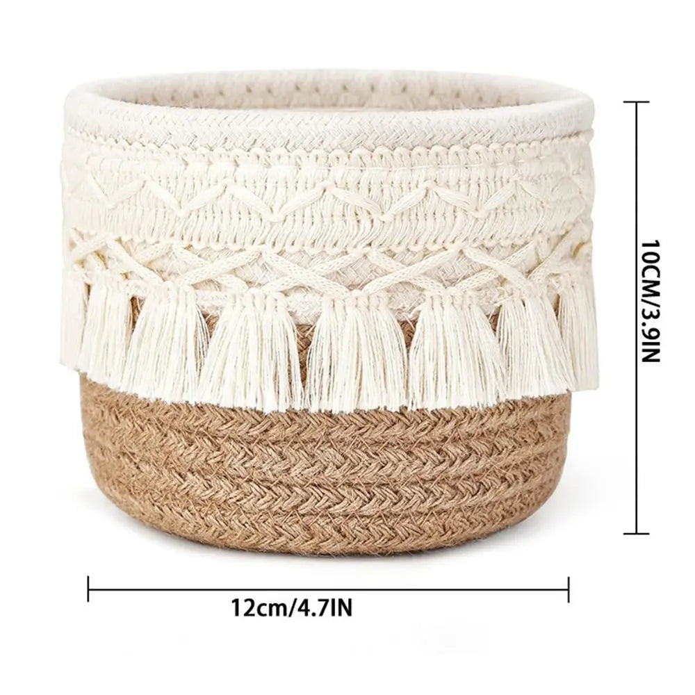 Panier de Rangement Tressé à Pompons - Corde de Coton