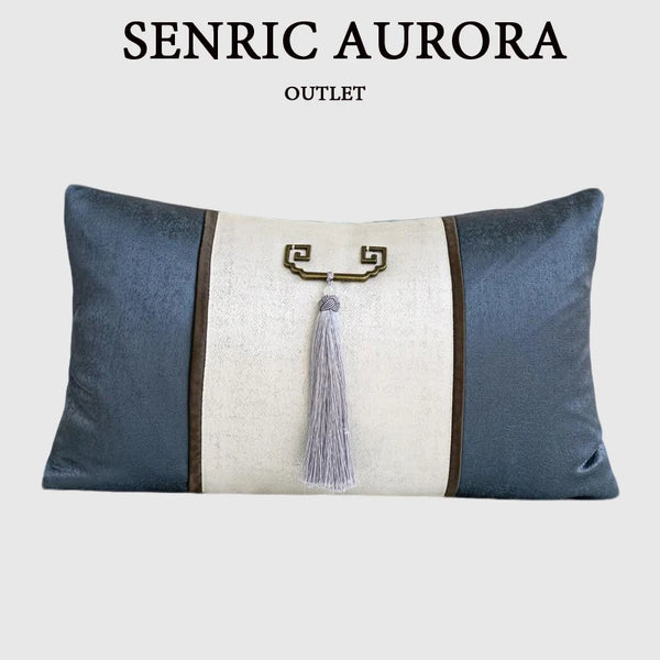 Housse de Coussin Bleu et Argent avec Pompon
