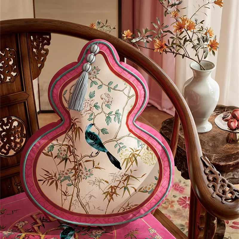 Coussin Décoratif Forme Gourde - Motif Floral et Oiseaux