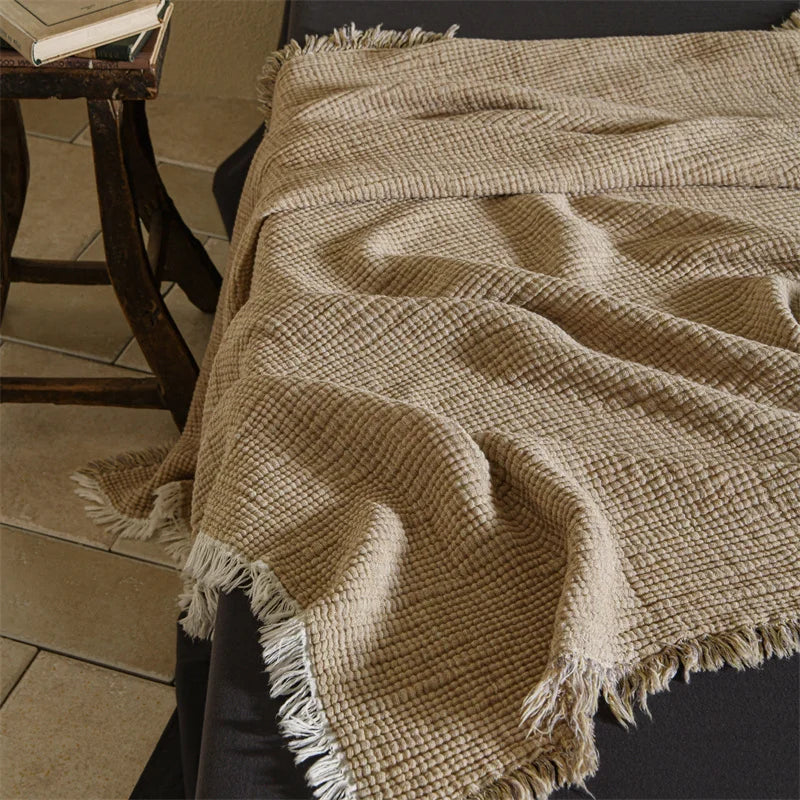Couverture à Pompons en Coton et Lin