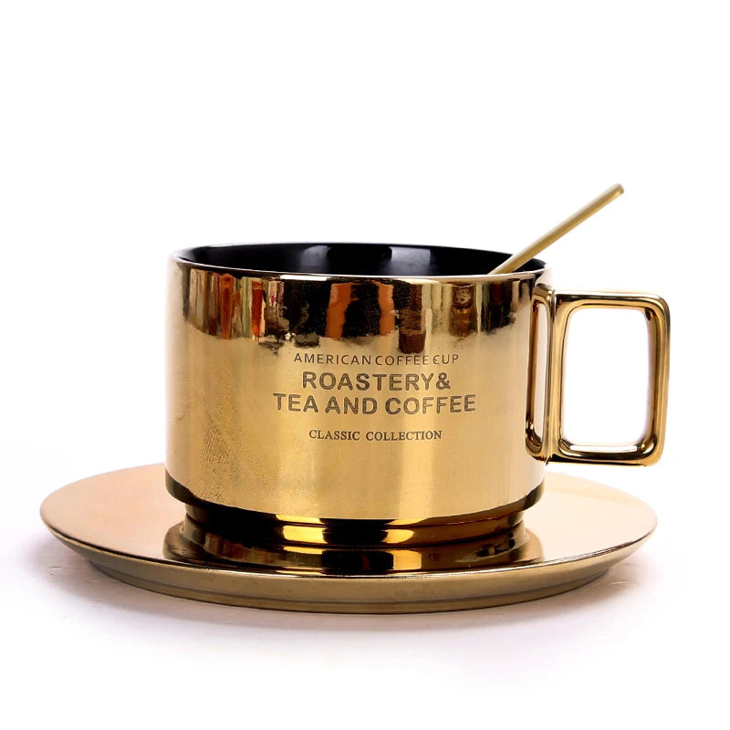 Tasse en Céramique avec Cuillère et Soucoupe Lettre Dorée 300ml