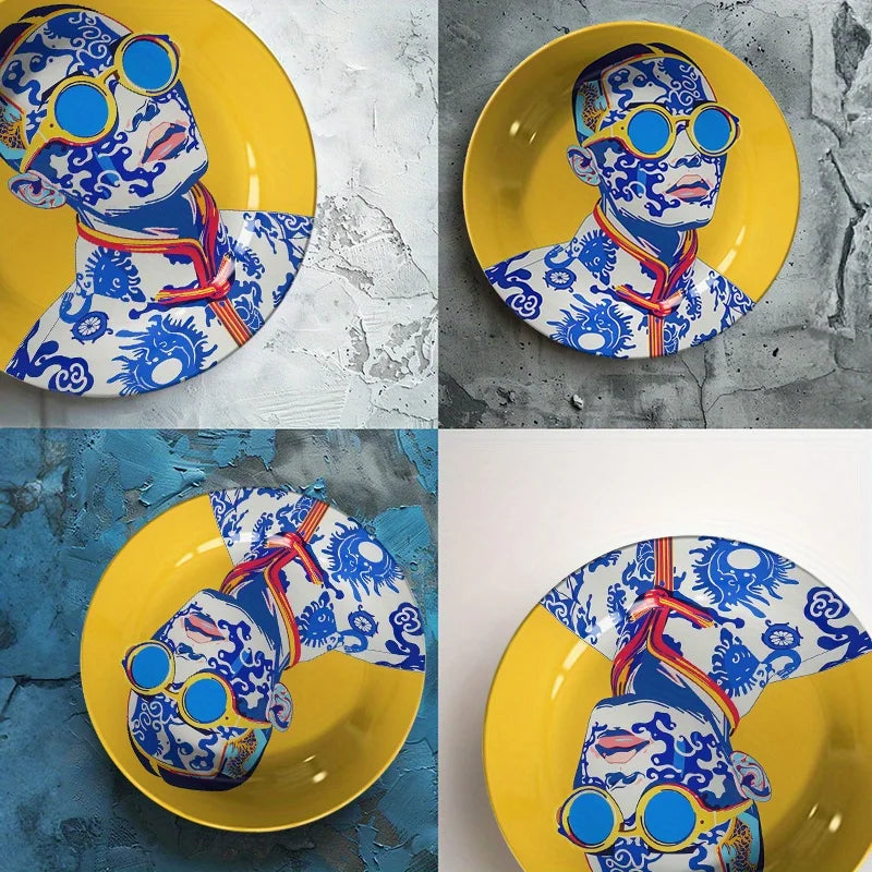 Assiette Décorative Céramique Jaune et Bleu Art Moderne