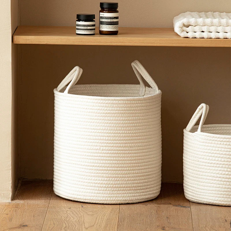Panier à Linge Blanc en Corde de Coton Tressée