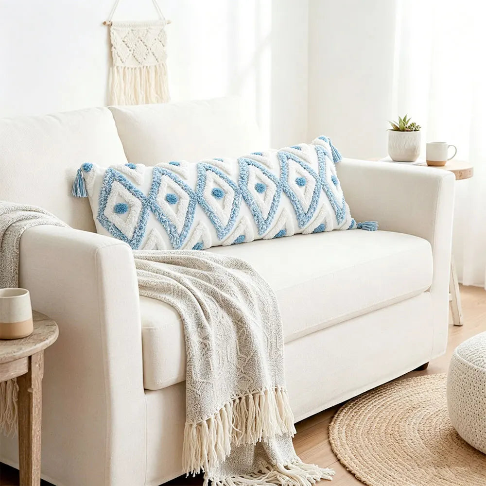 Housse de Coussin Lombaire Bohème - Losanges Bleu et Blanc