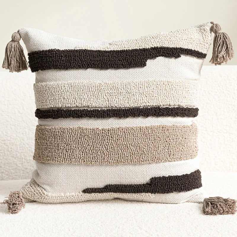 Housse de Coussin Beige Velours Bouclé Tricolore
