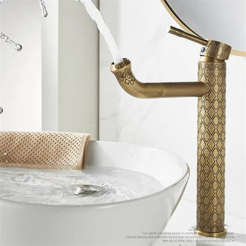 Robinet de Lavabo Laiton Sculpté Antique Mitigeur