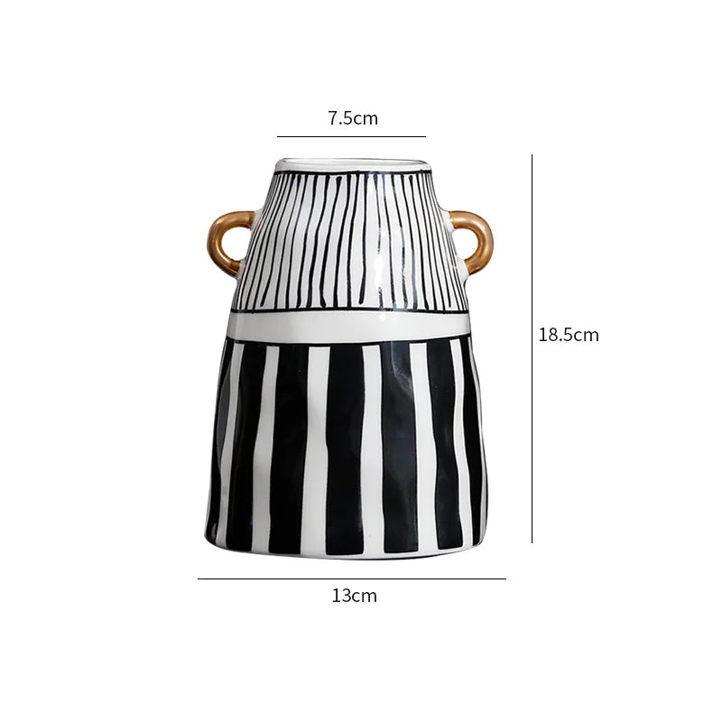 Vase Céramique Rayures Noir et Blanc pour Fleurs