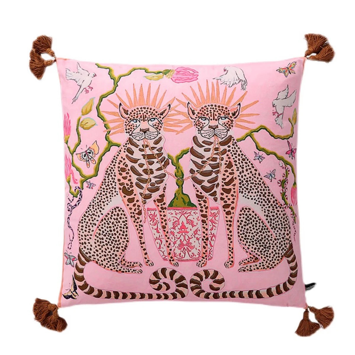 Housse de Coussin Velours Motif Léopard à Pompons
