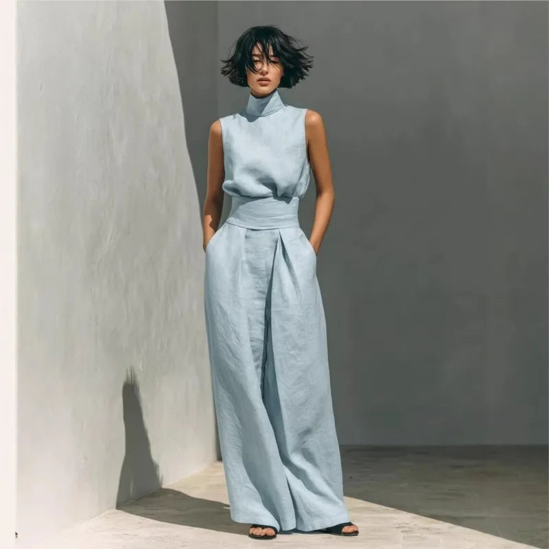 Fashion Elegant 2Pc Pants Set 2026 Summer Sleeveless Turtleneck Top+Wide Leg Pants High Street Casual Two Piece Set Women Outfit