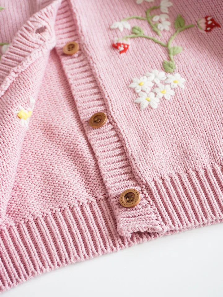 Cardigan Fille Brodé Motif Champignon