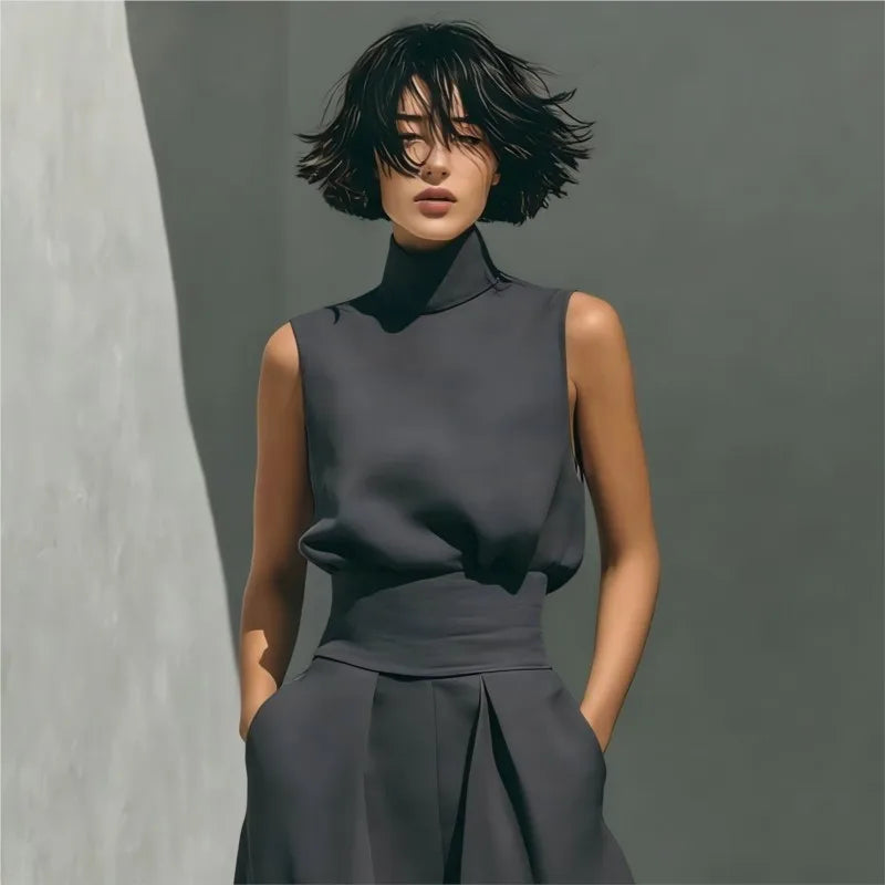 Fashion Elegant 2Pc Pants Set 2026 Summer Sleeveless Turtleneck Top+Wide Leg Pants High Street Casual Two Piece Set Women Outfit
