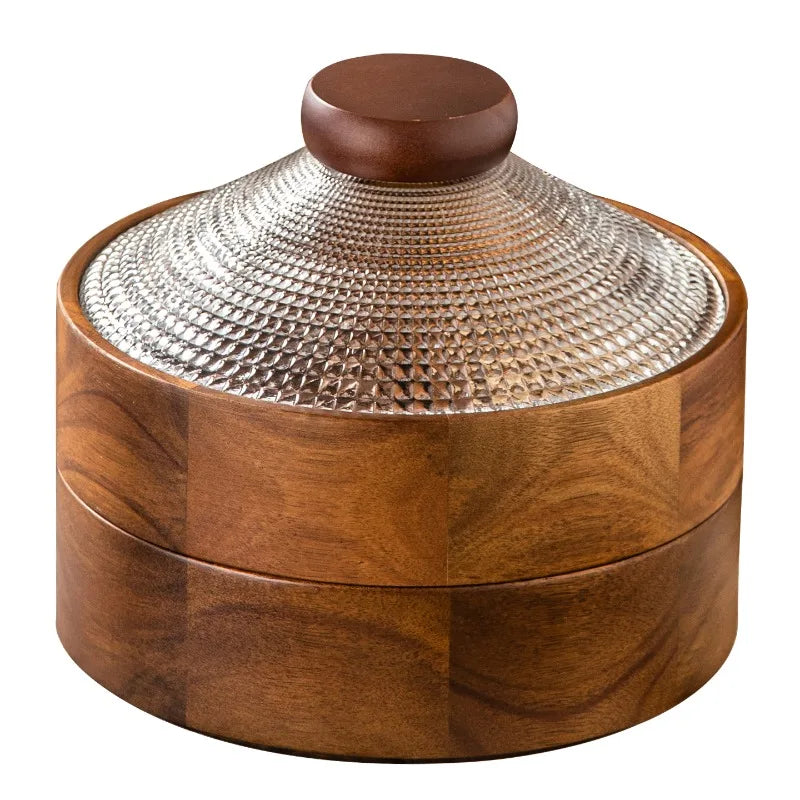 Coupe à Fruits en Bois d'Acacia avec Cloche en Verre