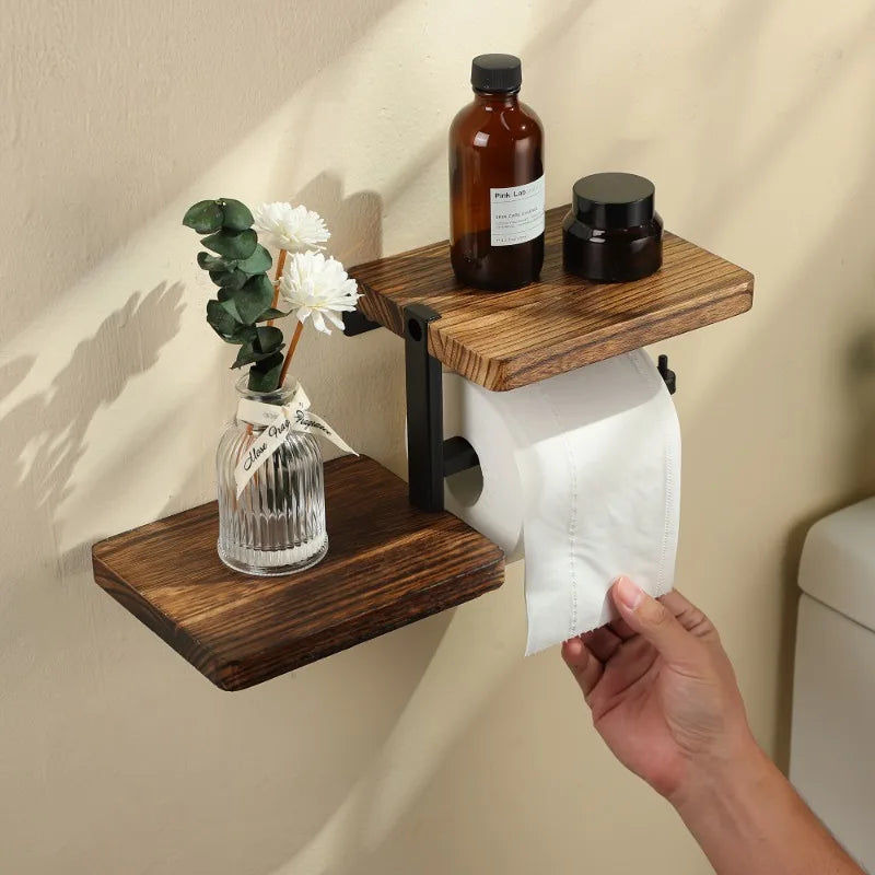 Porte-Papier Toilette Mural en Bois et Métal