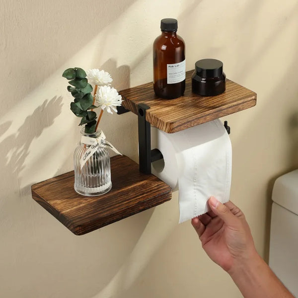 Porte-Papier Toilette Mural en Bois et Métal