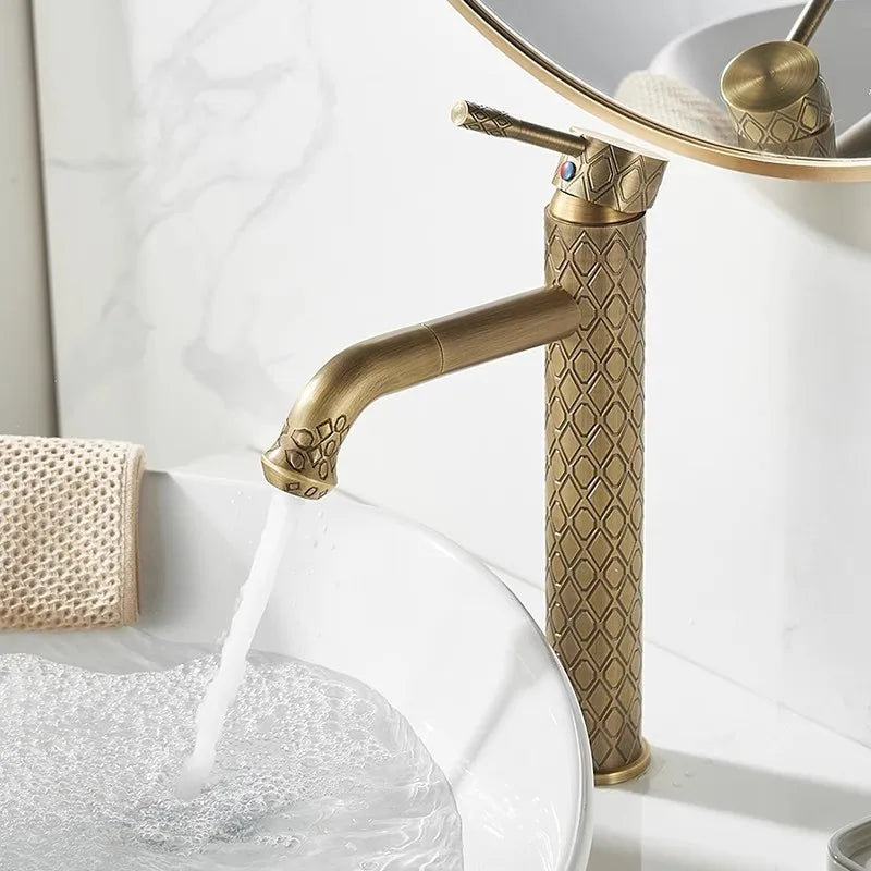 Robinet de Lavabo Laiton Sculpté Antique Mitigeur