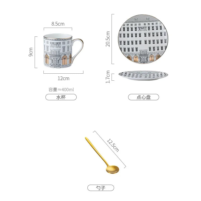 Tasse à Café et Assiette en Céramique Motif Architecture Romaine