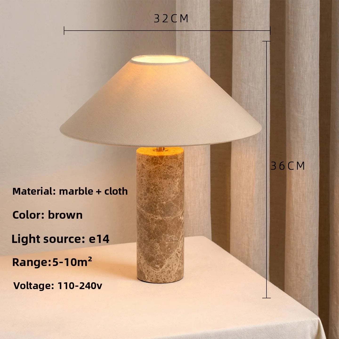 Lampe de Table Cylindrique - Base Marbre et Abat-Jour Tissu