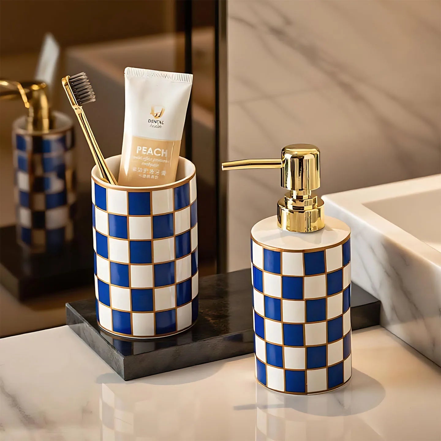 Ceramic Soap Dispenser – Grid Pattern Lotion Bottle