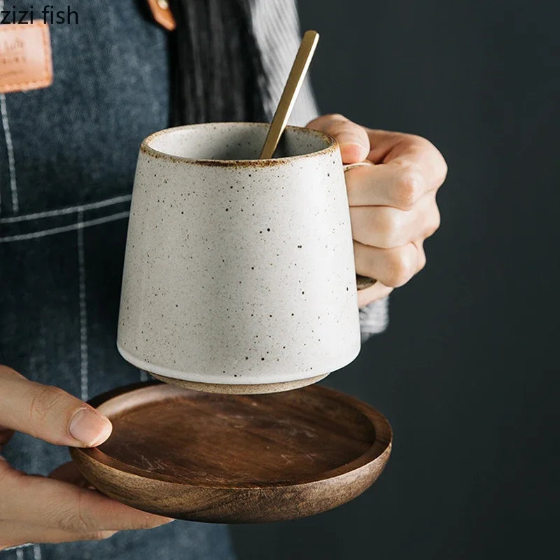 Tasse en Céramique Rétro avec Sous-Verre en Bois