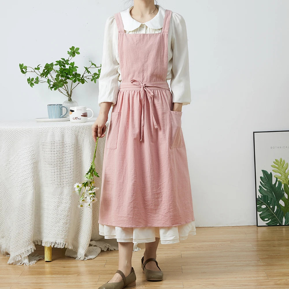 Tablier Robe Plissé Coton Lin Croisé Dans le Dos