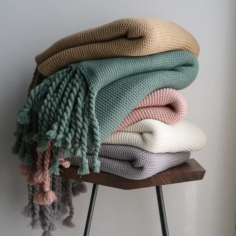 Jeté en Tricot Nordique Motif Géométrique - Épais