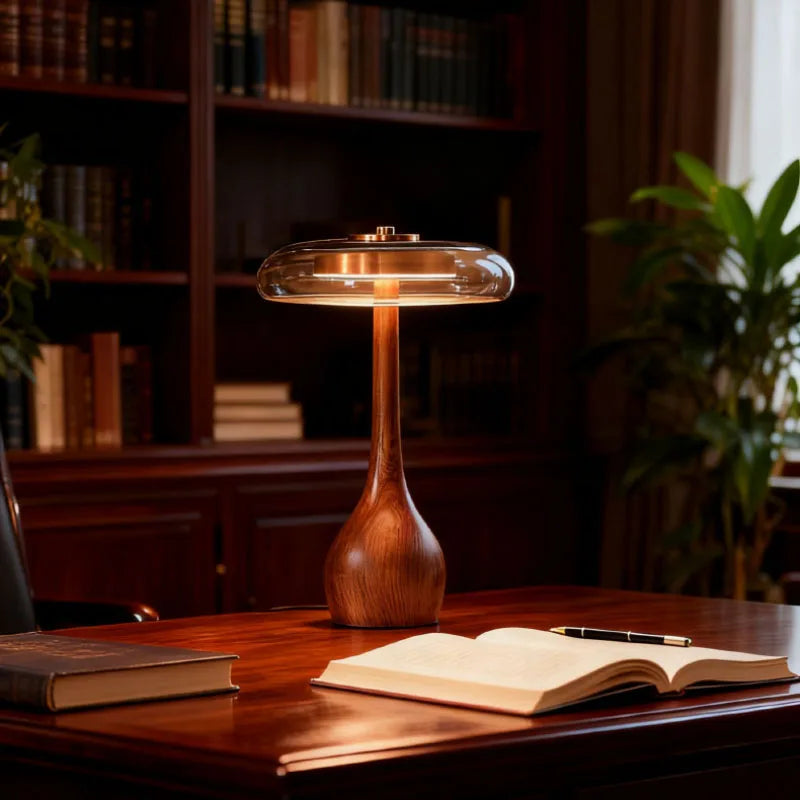 Lampe de Table Nordique Cuivre Verre et Bois LED