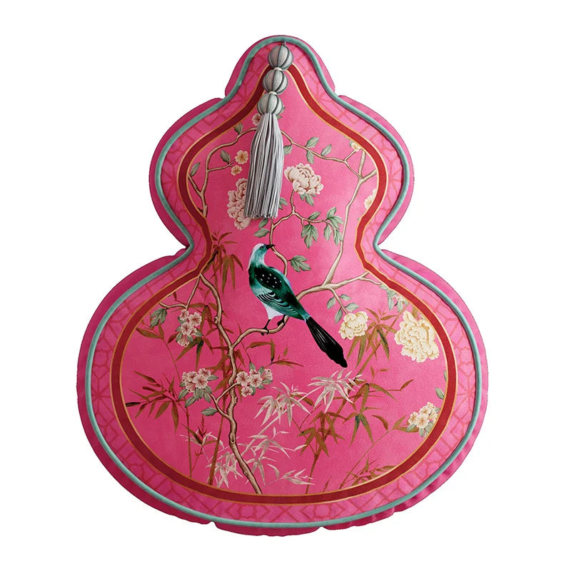 Coussin Décoratif Forme Gourde - Motif Floral et Oiseaux