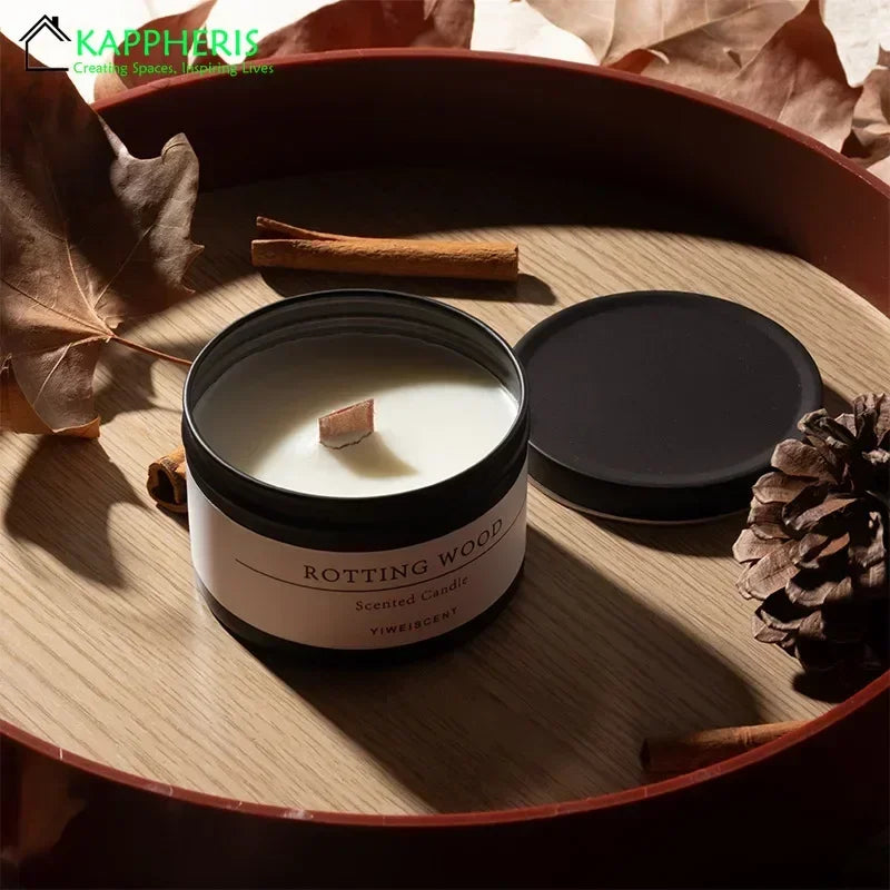 Bougie Parfumée Boîte Métal Noire Mèche Bois