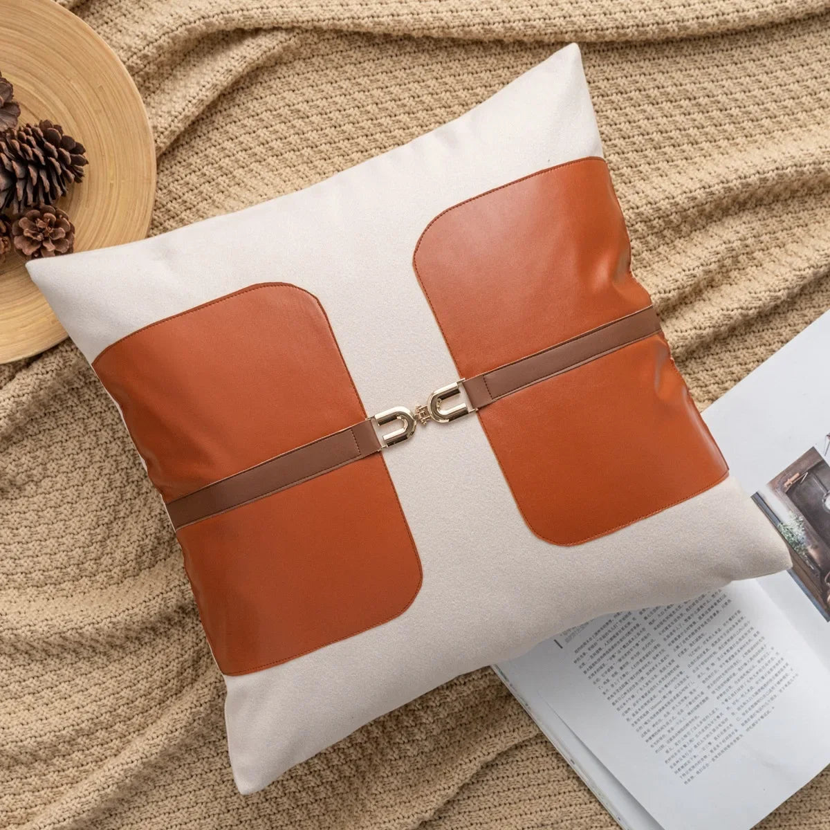 Housse de Coussin Simili Cuir Style Selle Coton Slub