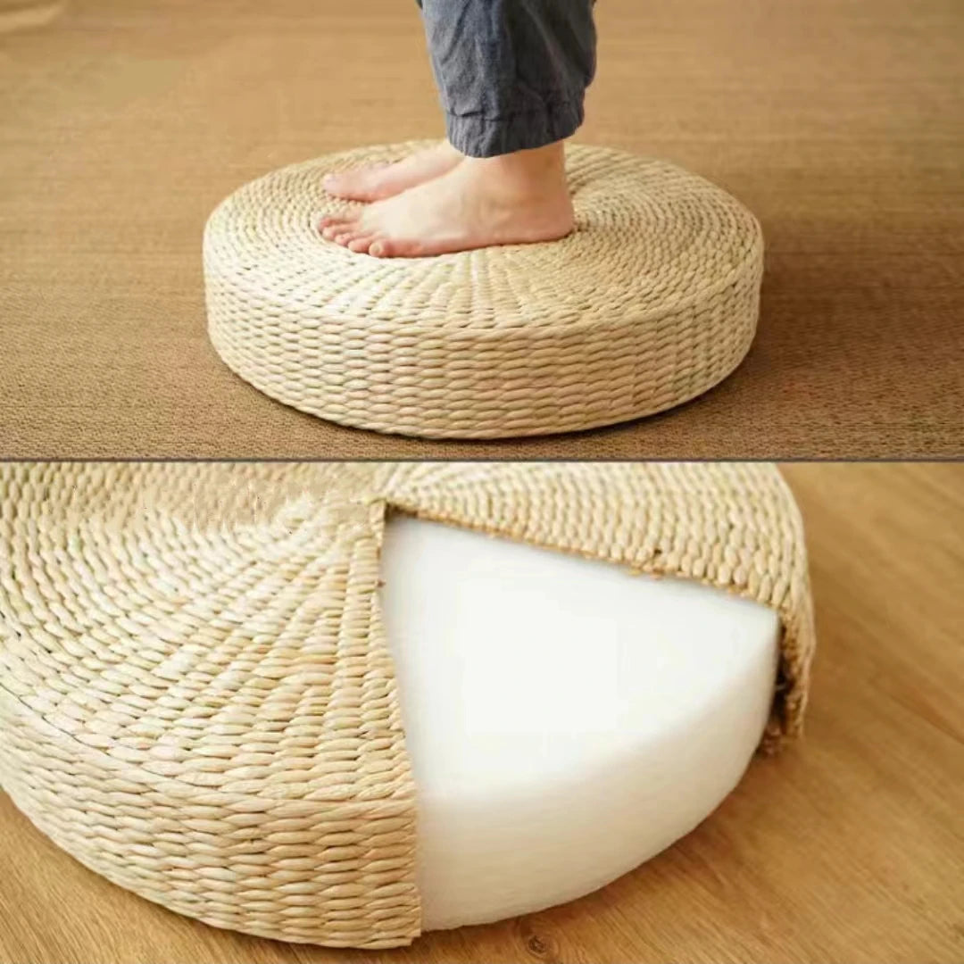 Coussin Rond en Paille Naturelle Tressée - Style Tatami