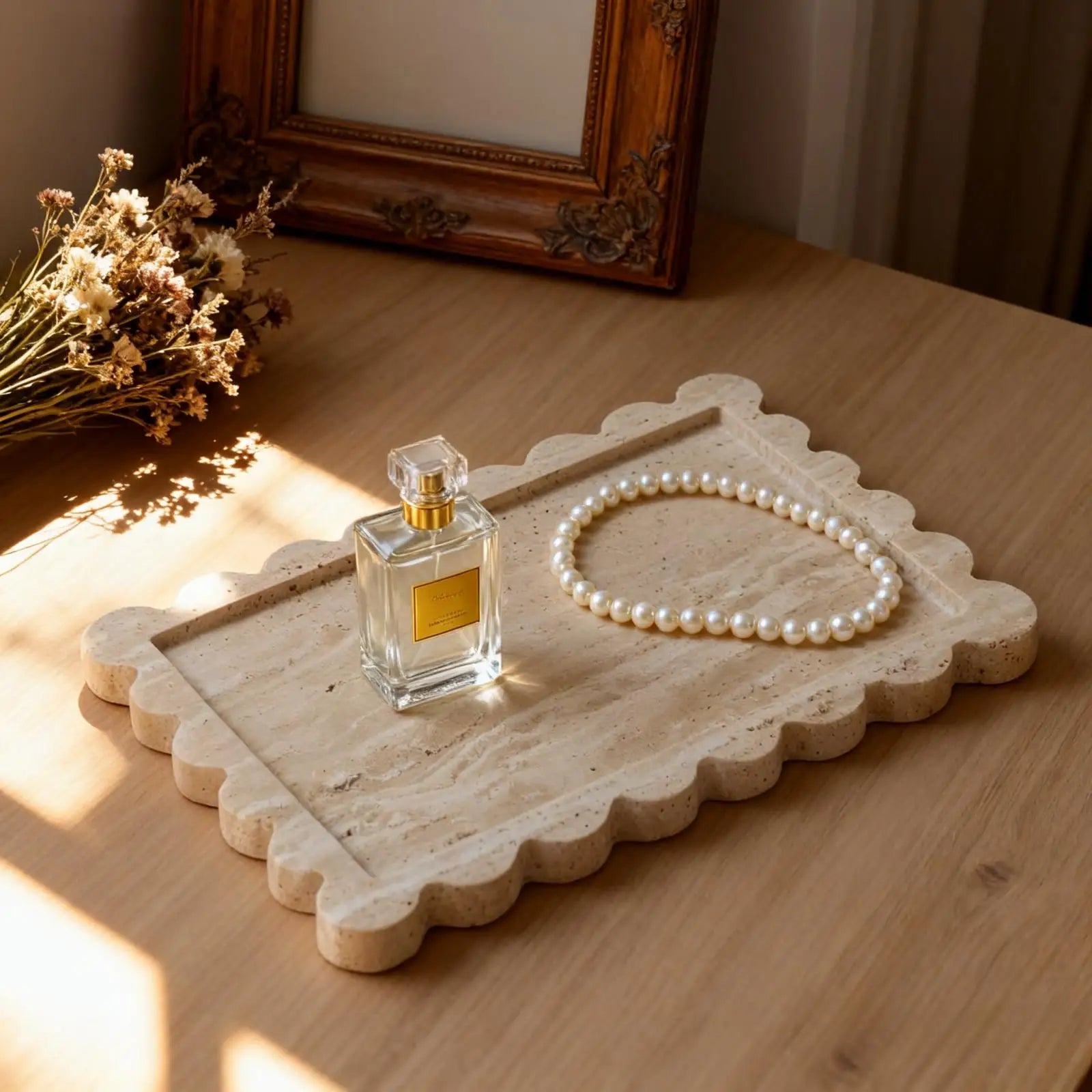 Plateau Marbre Travertin Bord Festonné Organisateur Bijoux