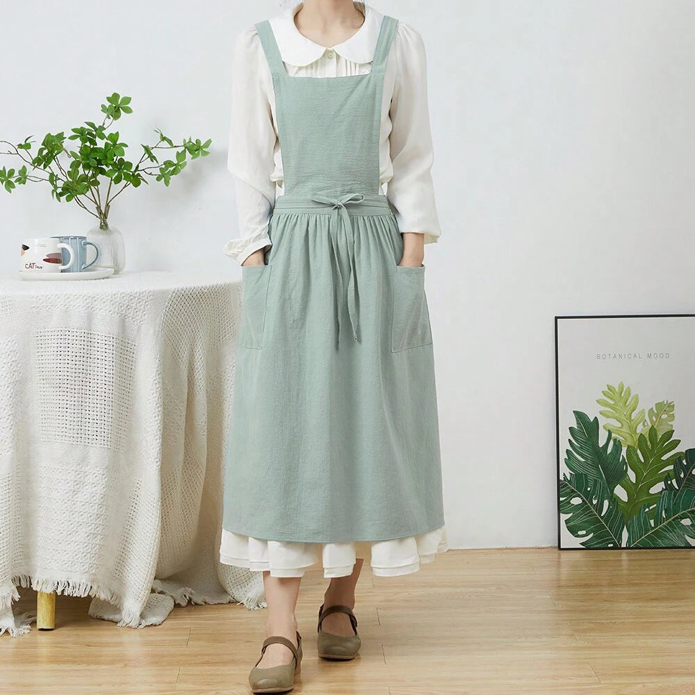 Tablier Robe Plissé Coton Lin Croisé Dans le Dos