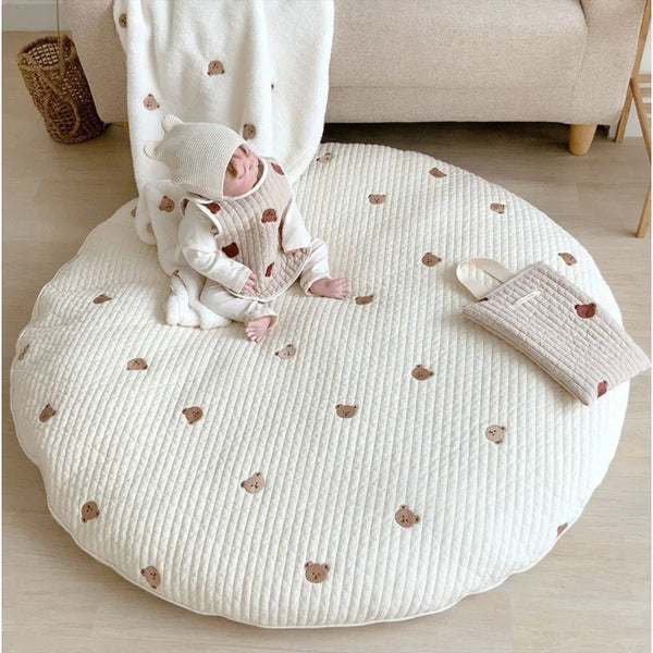 Tapis d'Éveil Rond Brodé Lapin et Fleurs
