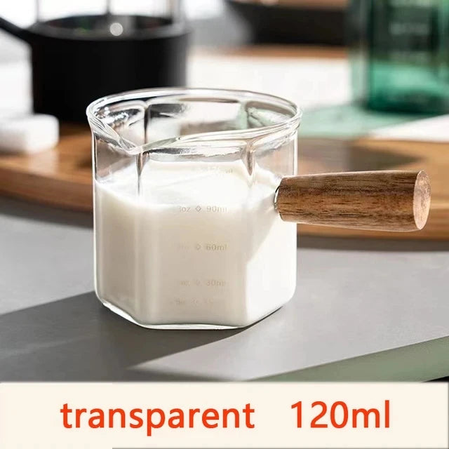 Pichet Doseur en Verre pour Lait et Café Poignée Bois