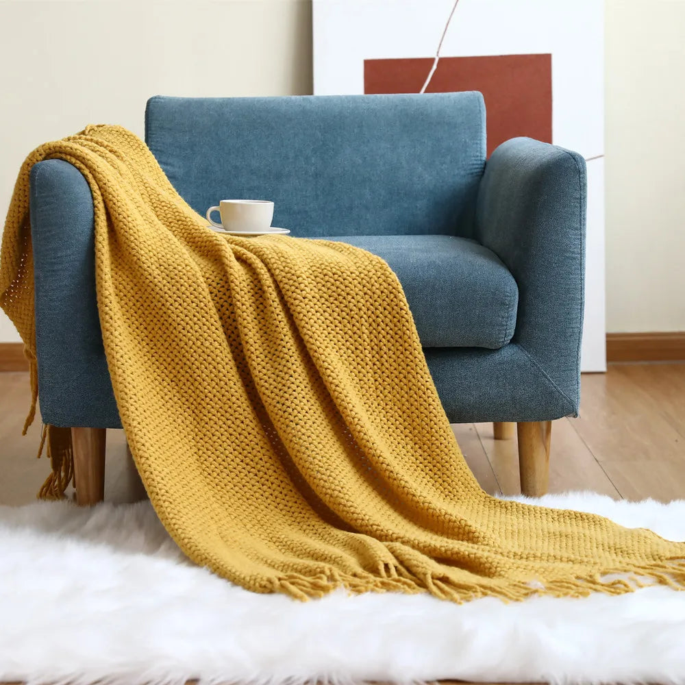 Plaid Tricoté Jaune Moutarde - Franges Bohèmes