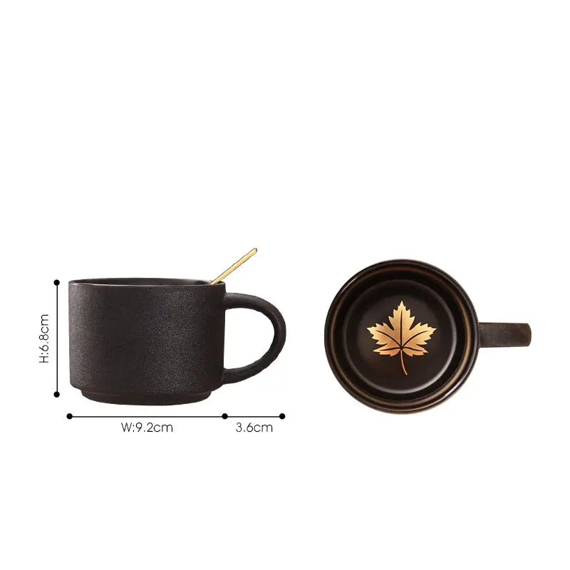 Tasse en Céramique Noire Nordique Givrée avec Soucoupe Bois
