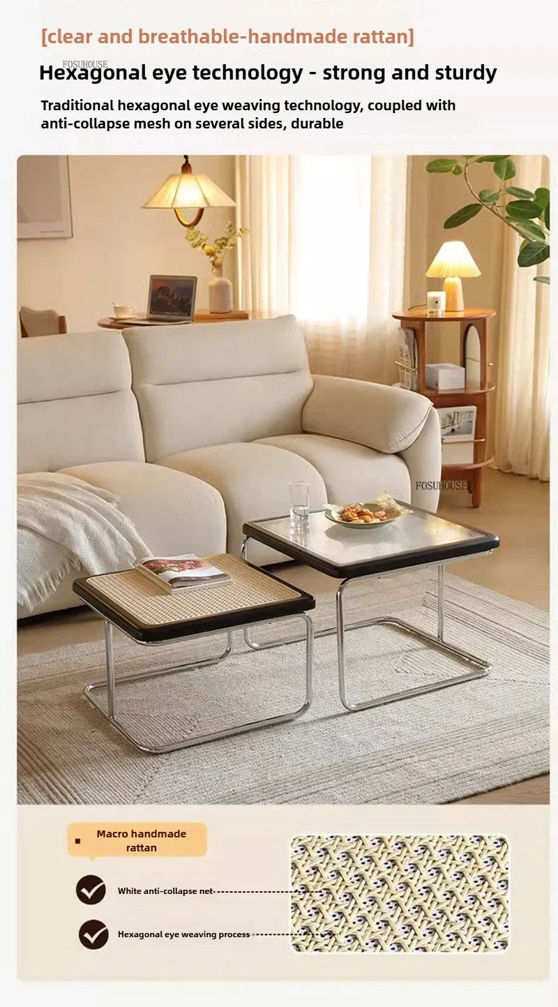 Table d'Appoint en Rotin Plateau Verre Style Rétro