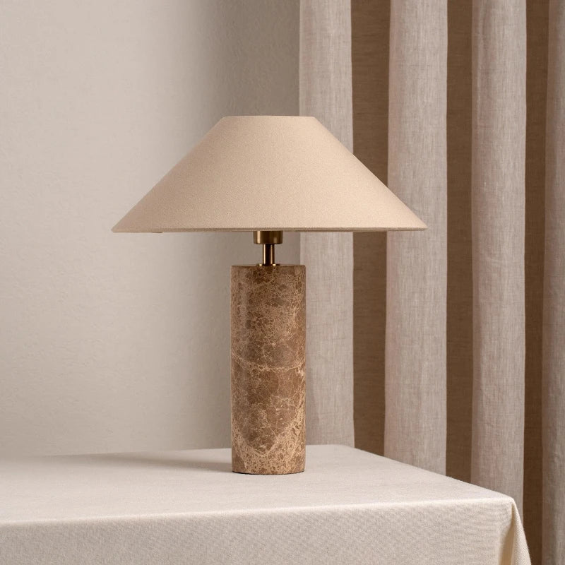 Lampe de Table Cylindrique - Base Marbre et Abat-Jour Tissu