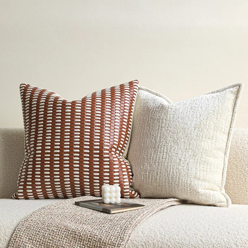 Housse de Coussin Cuir Tissé Orange et Blanc Format Carré