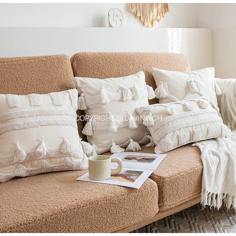 Housse de Coussin Blanche Bohème Tuftée Faite Main