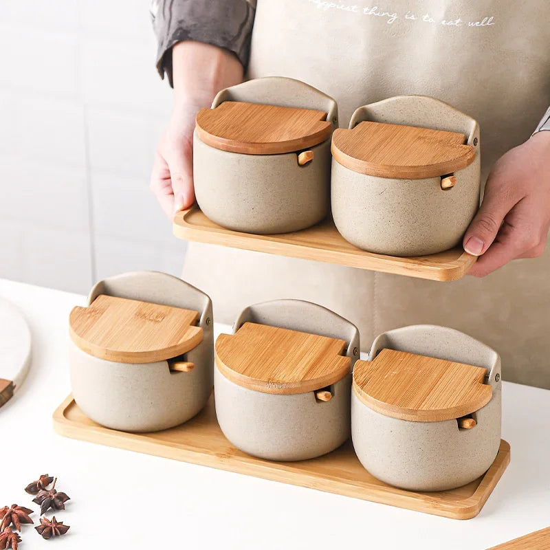 Pot à Épices en Céramique Couvercle Bambou avec Cuillère