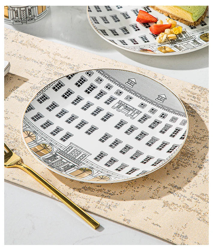 Tasse à Café et Assiette en Céramique Motif Architecture Romaine