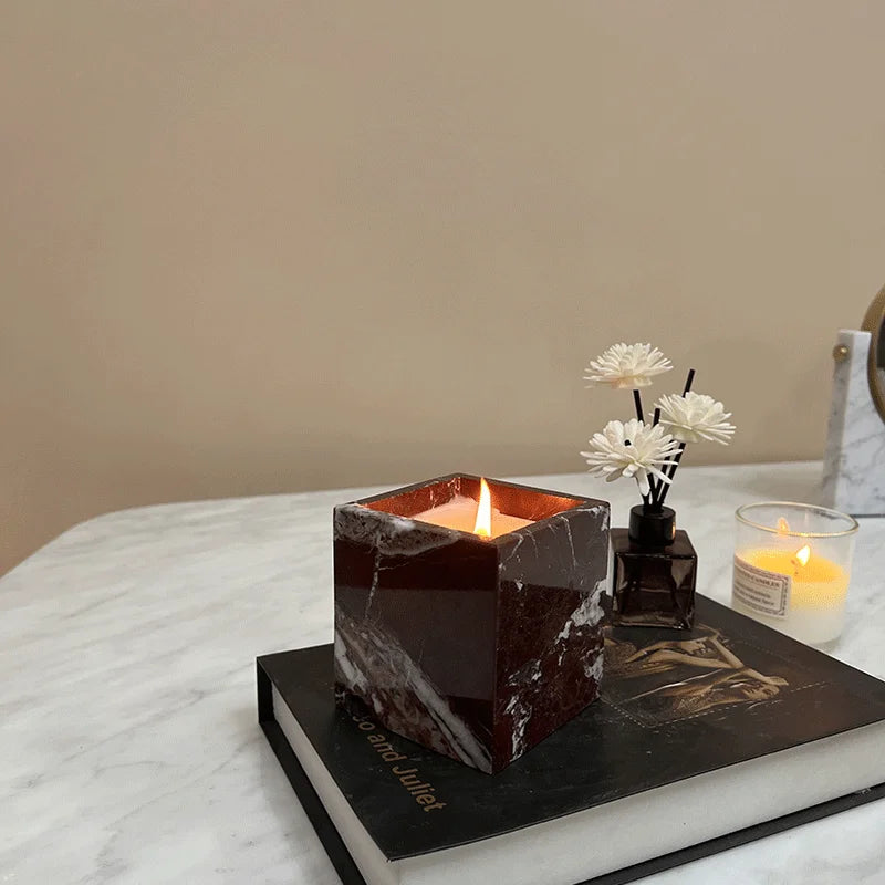 Bougeoir en Marbre Naturel Calacatta - Design Carré Sculpté